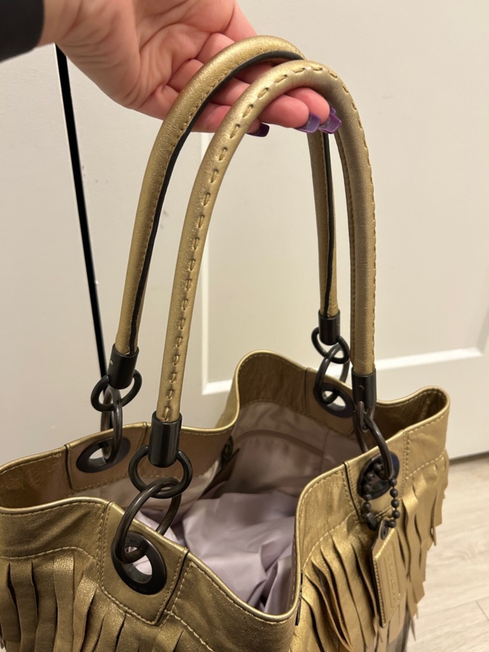 Coach Madison XL Metallic Leather Fringe Tote - Picture 7 of 17